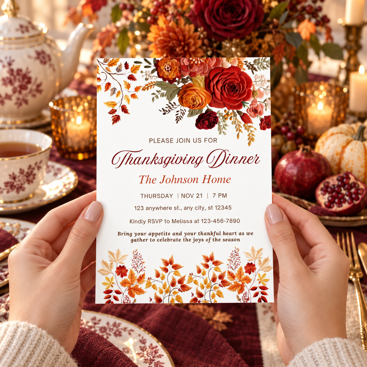 Elegant Fall Embroidered effect Thanksgiving Invitation