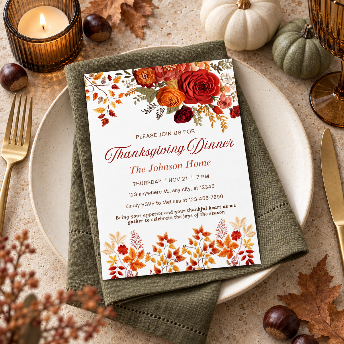 Elegant Fall Embroidered effect Thanksgiving Invitation