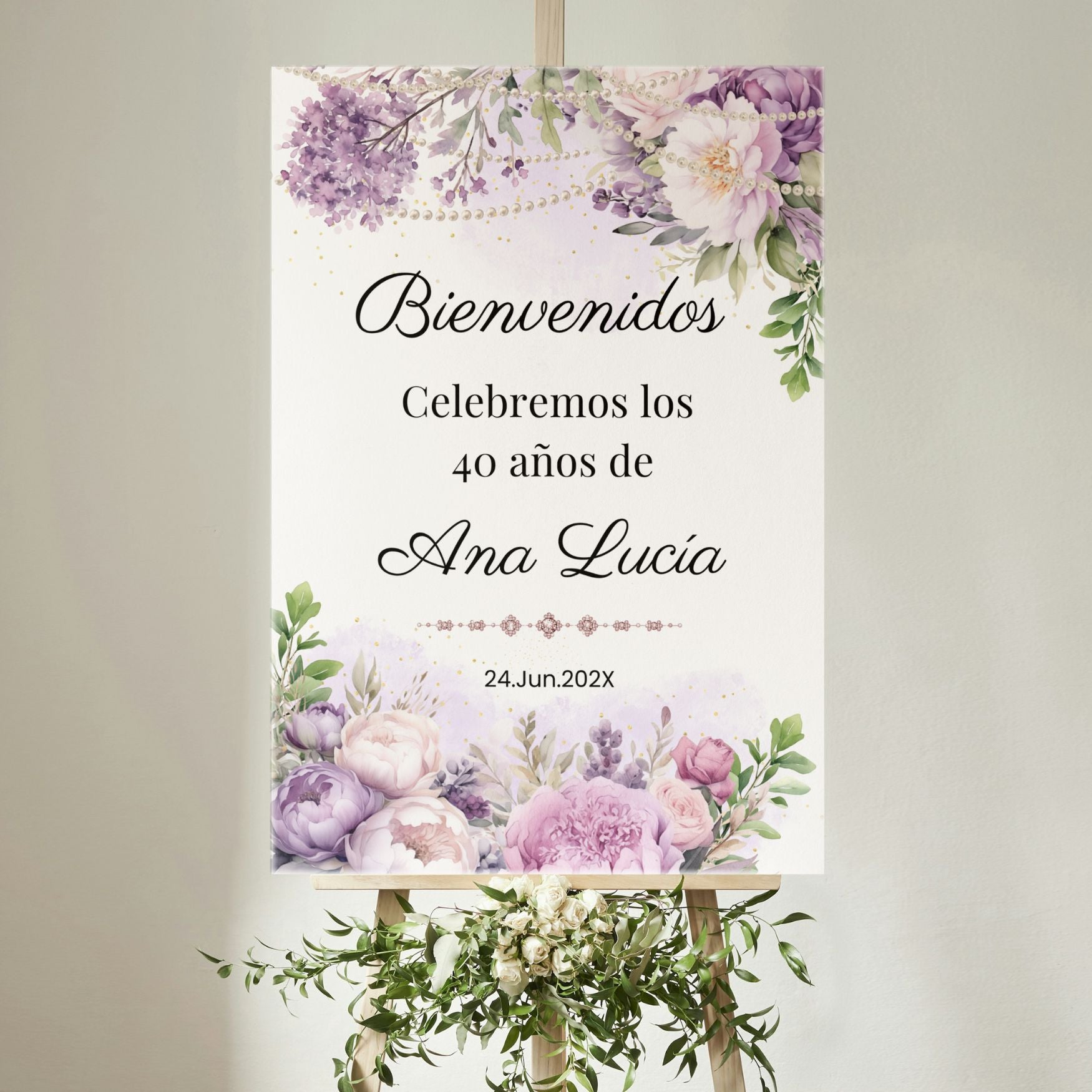 Elegant Spanish Welcome Sign with Purple Florals & Pearls