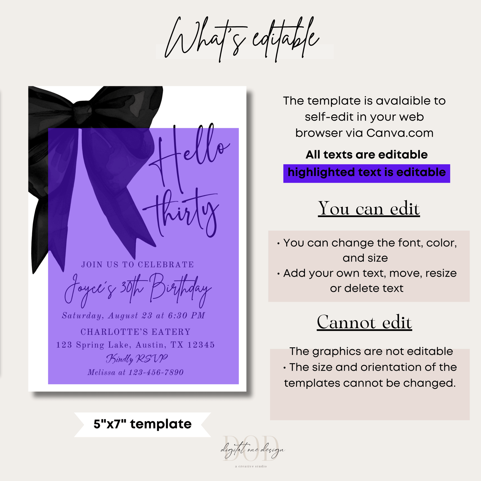 Editable 5x7 Hello Thirty birthday invitation template with elegant black bow and details for customization.