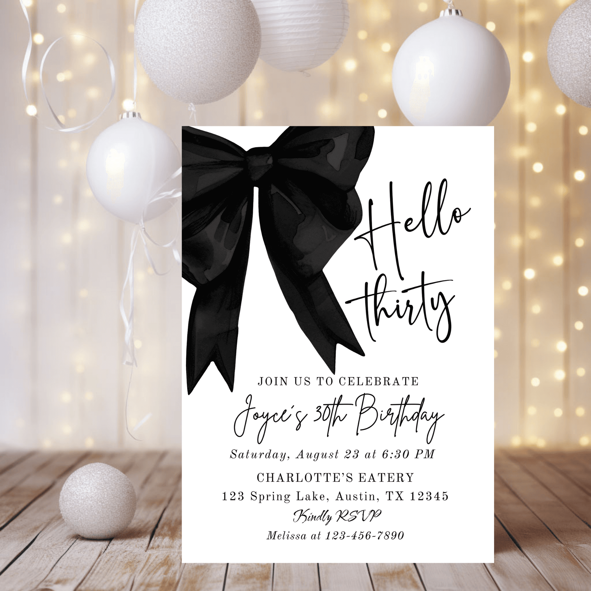 Elegant black bow birthday invitation for a Hello Thirty celebration, featuring sophisticated design and festive background.