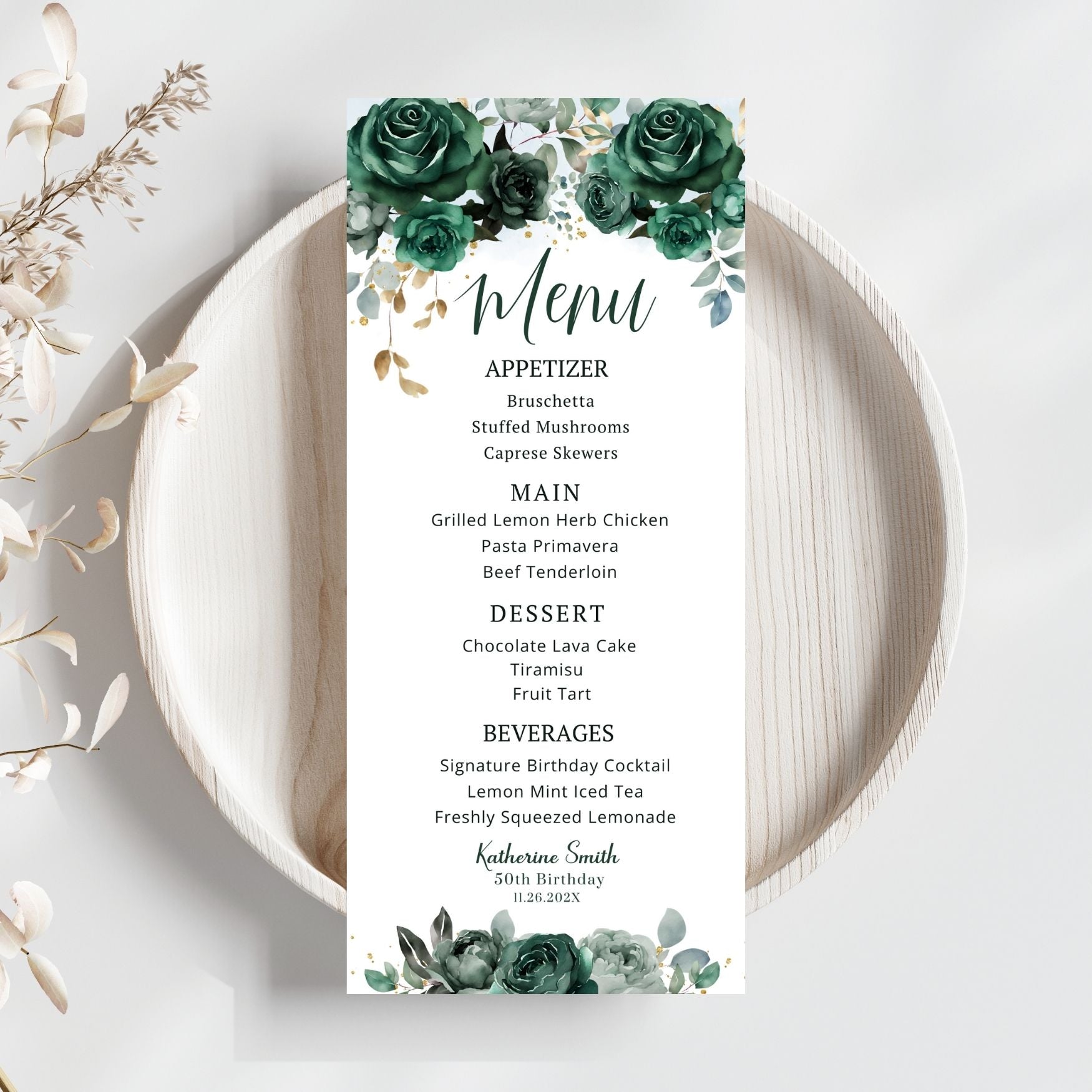 Emerald Green Floral Menu Card Template