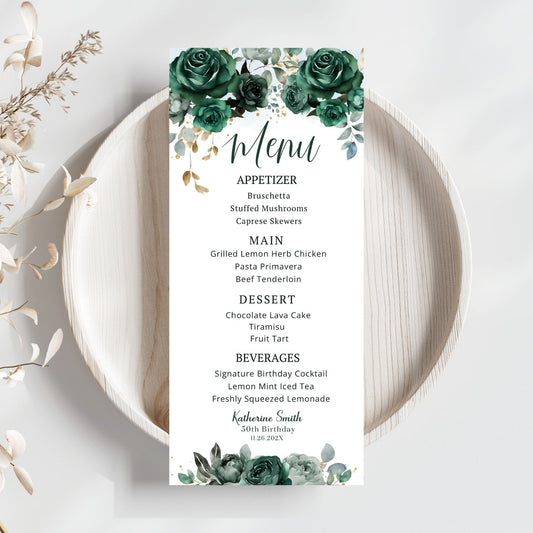 Emerald Green Floral Menu Card Template