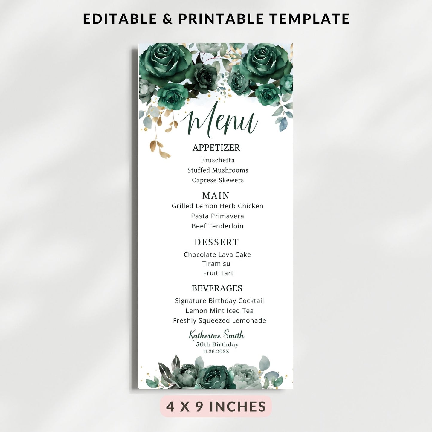 Emerald Green Floral Menu Card Template