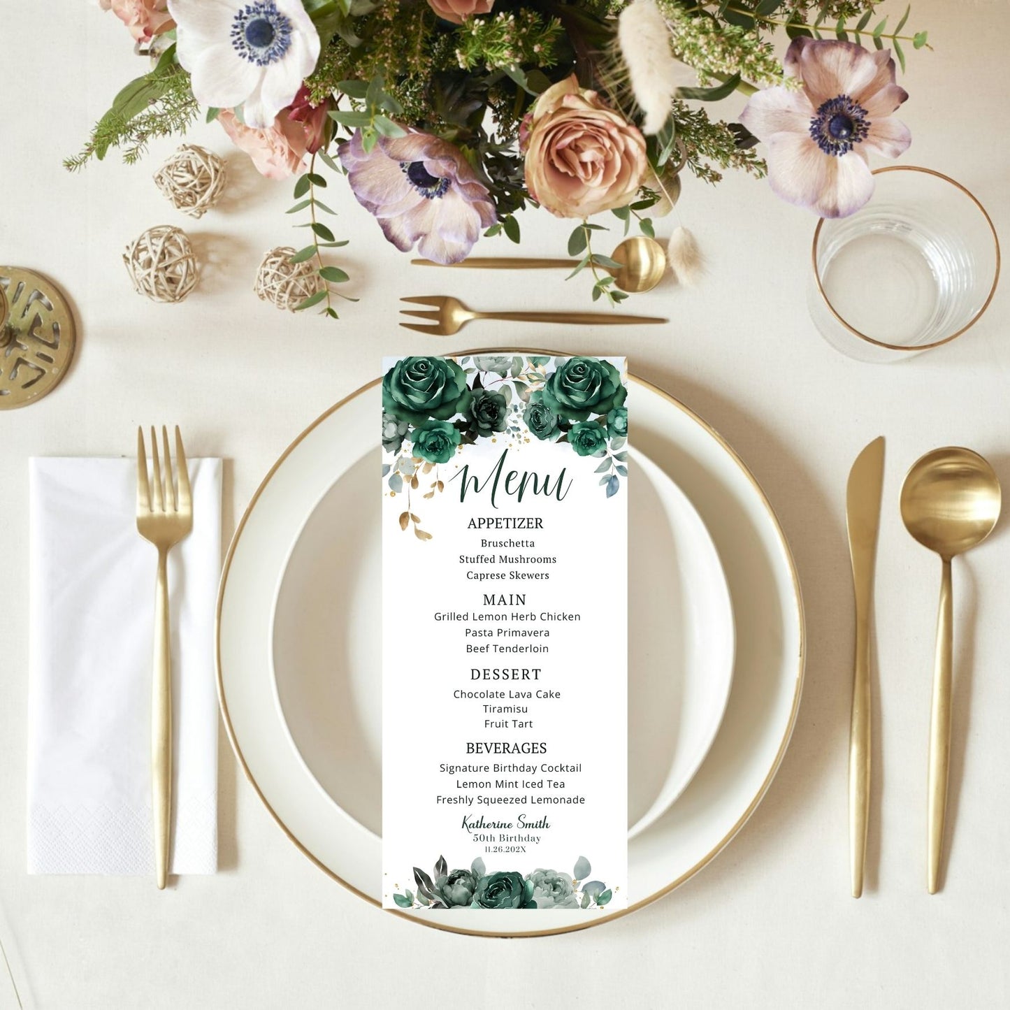 Emerald Green Floral Menu Card Template