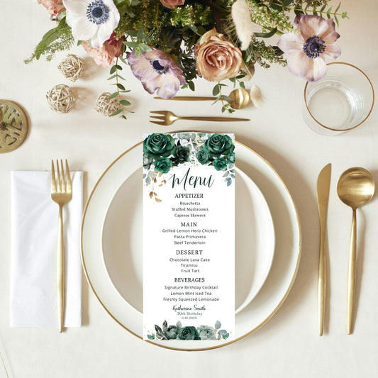 Emerald Green Floral Menu Card Template