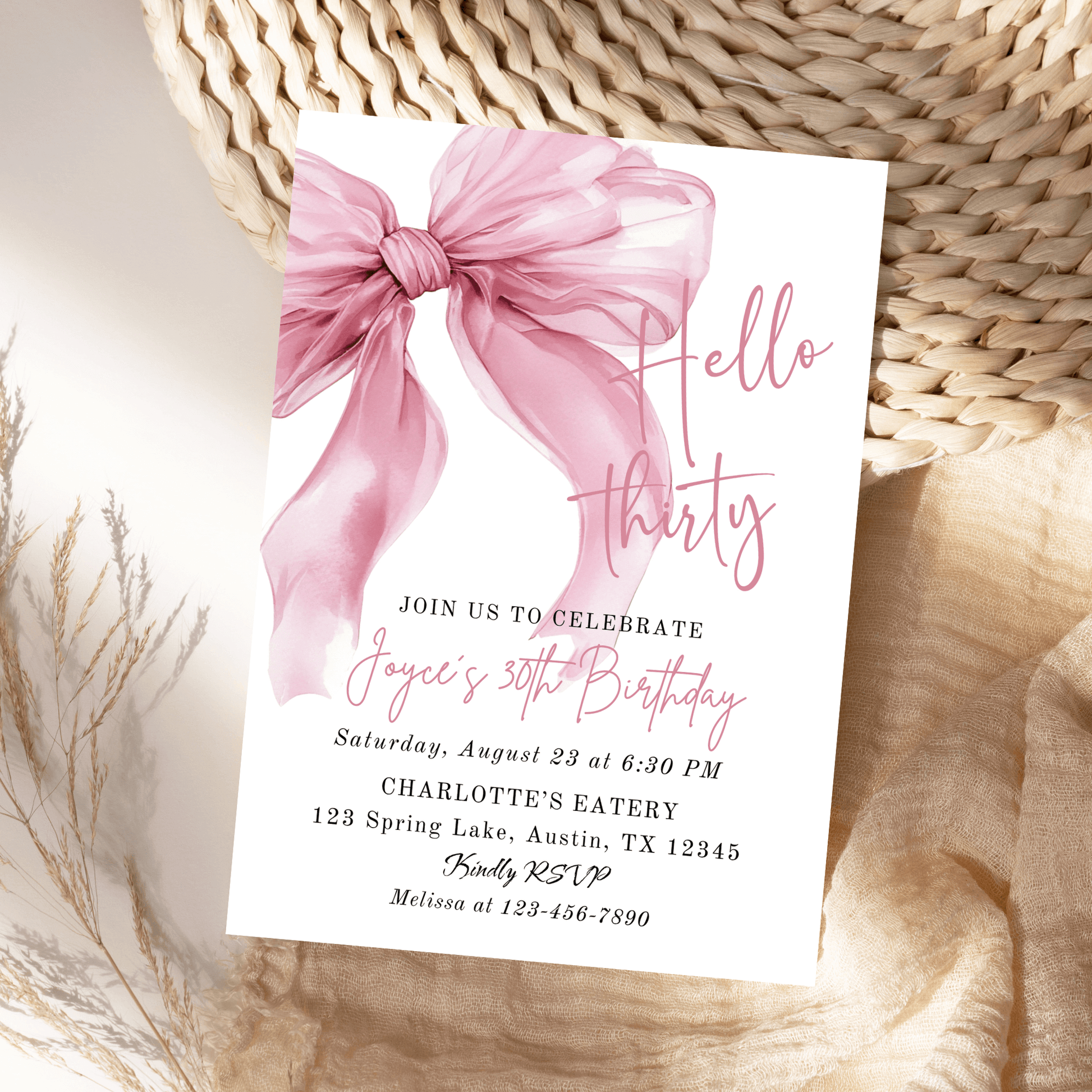 Watercolor Pink Bow Birthday Party Invitation template