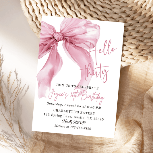 Watercolor Pink Bow Birthday Party Invitation template