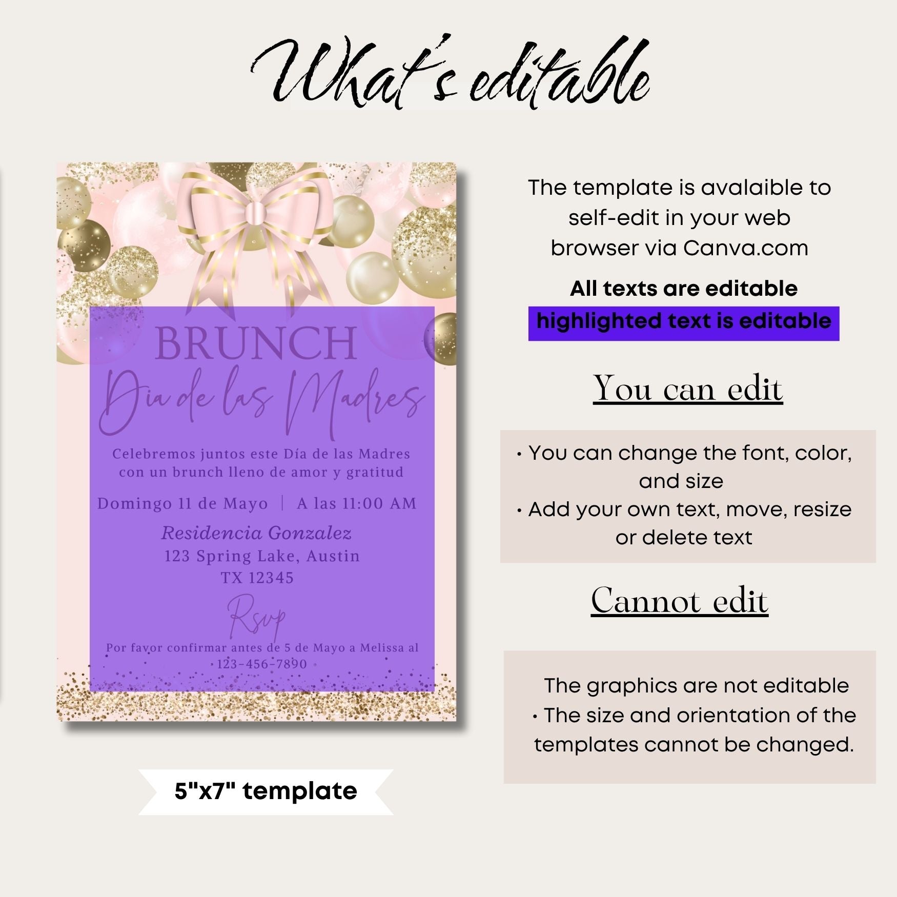 Editable Spanish Brunch Invite with Gold Balloons