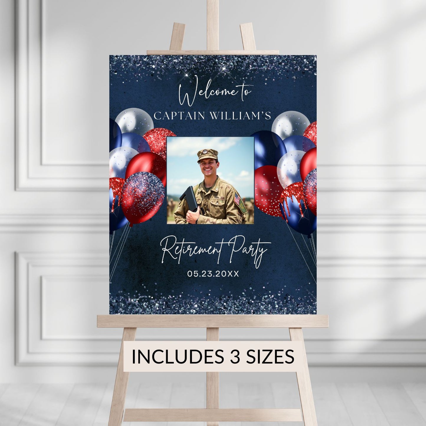 Editable Navy Red Retirement Party Welcome Sign Template