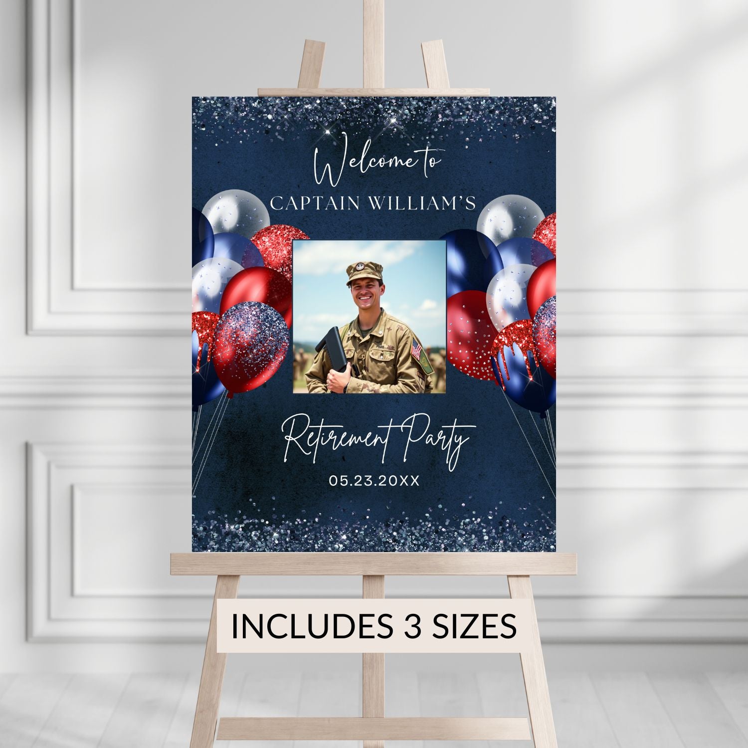 Editable Navy Red Retirement Party Welcome Sign Template