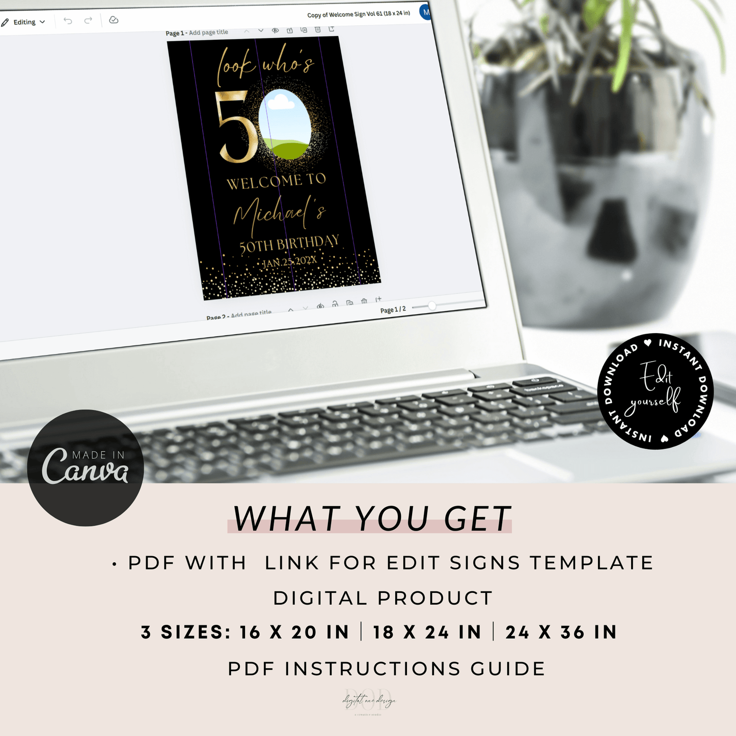 Editable 50th Birthday Welcome Sign, Black & Gold Elegant Photo Poster, Look Who’s 50, Instant Download Entryway Decor