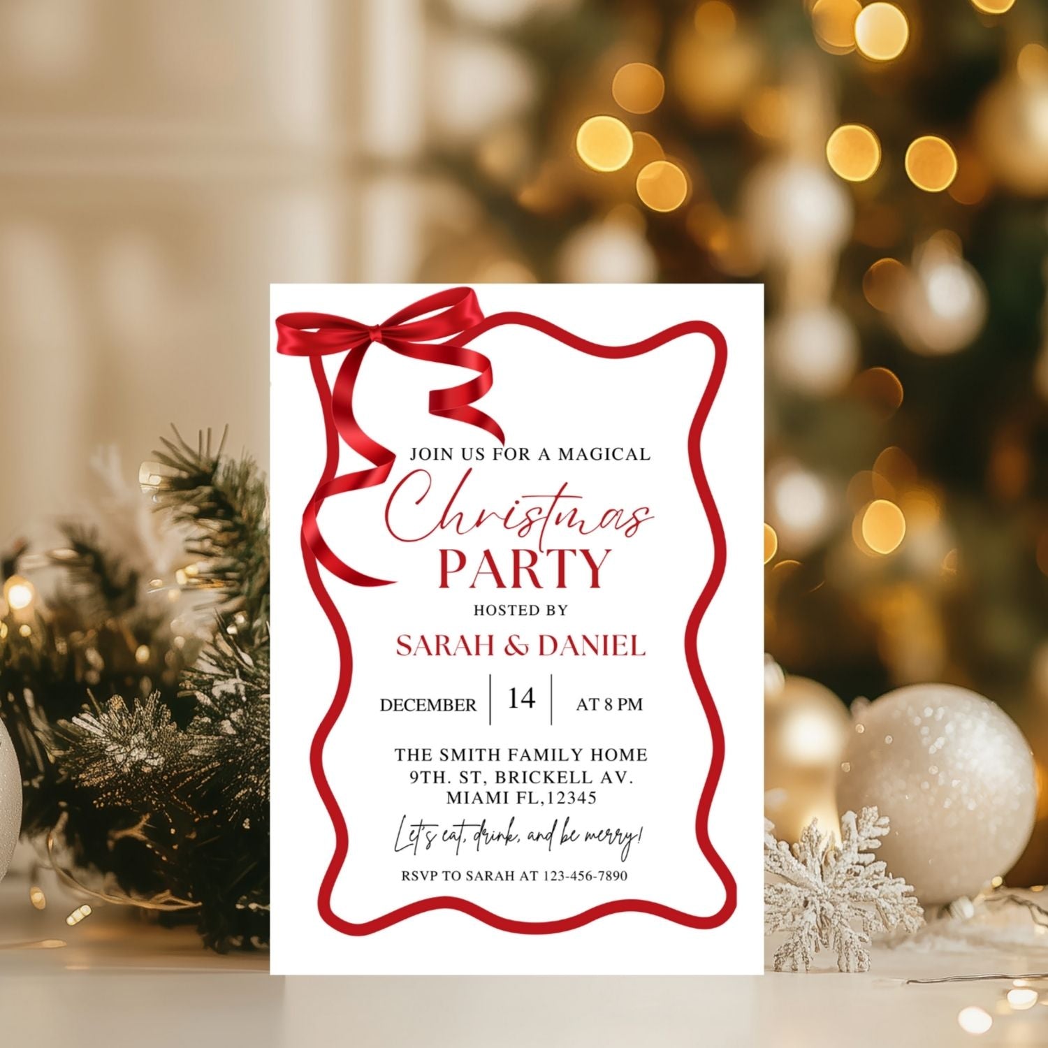 Red bow wave Christmas party invitation with red ribbon and festive background