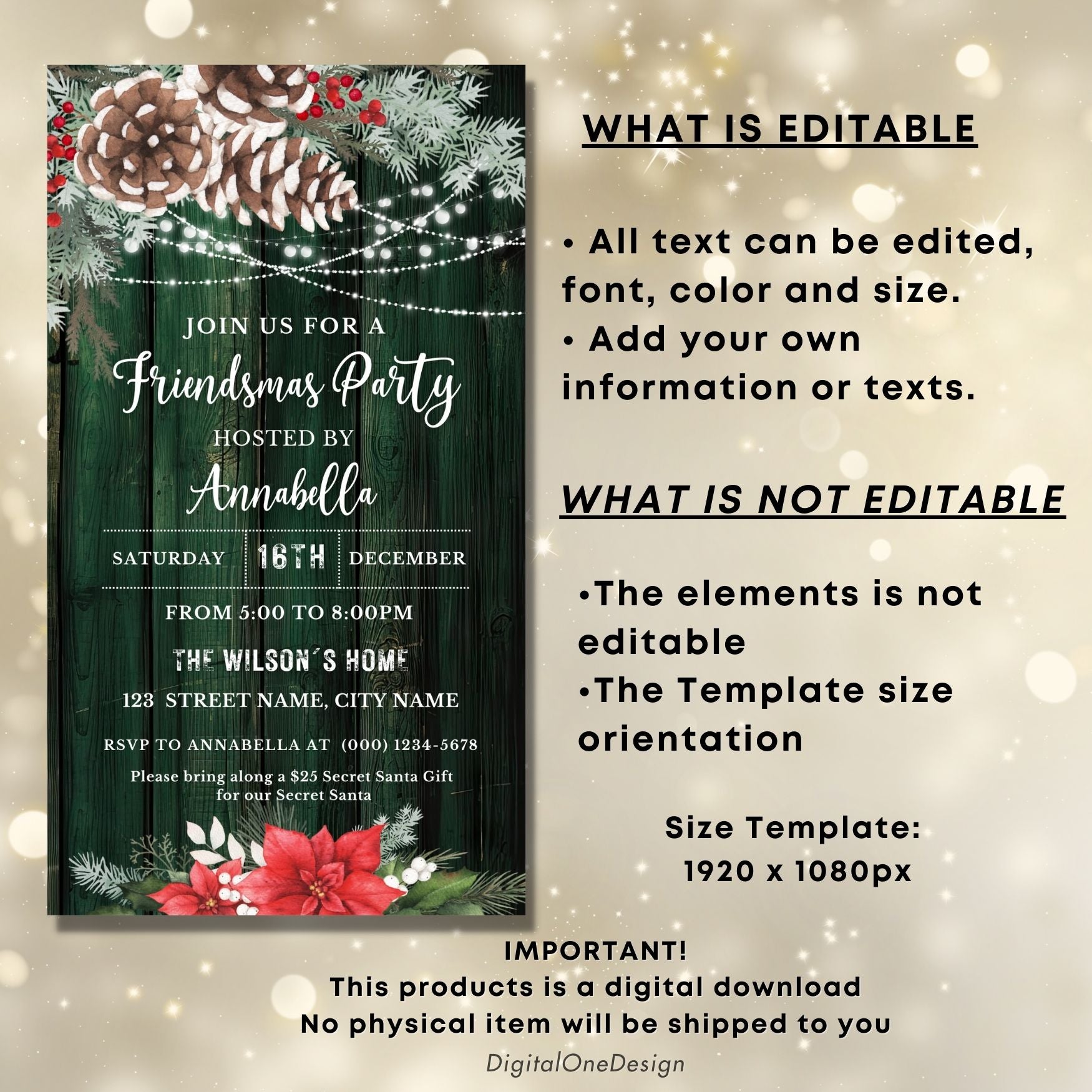 Poinsettia Christmas party invitation with editable text on a festive background