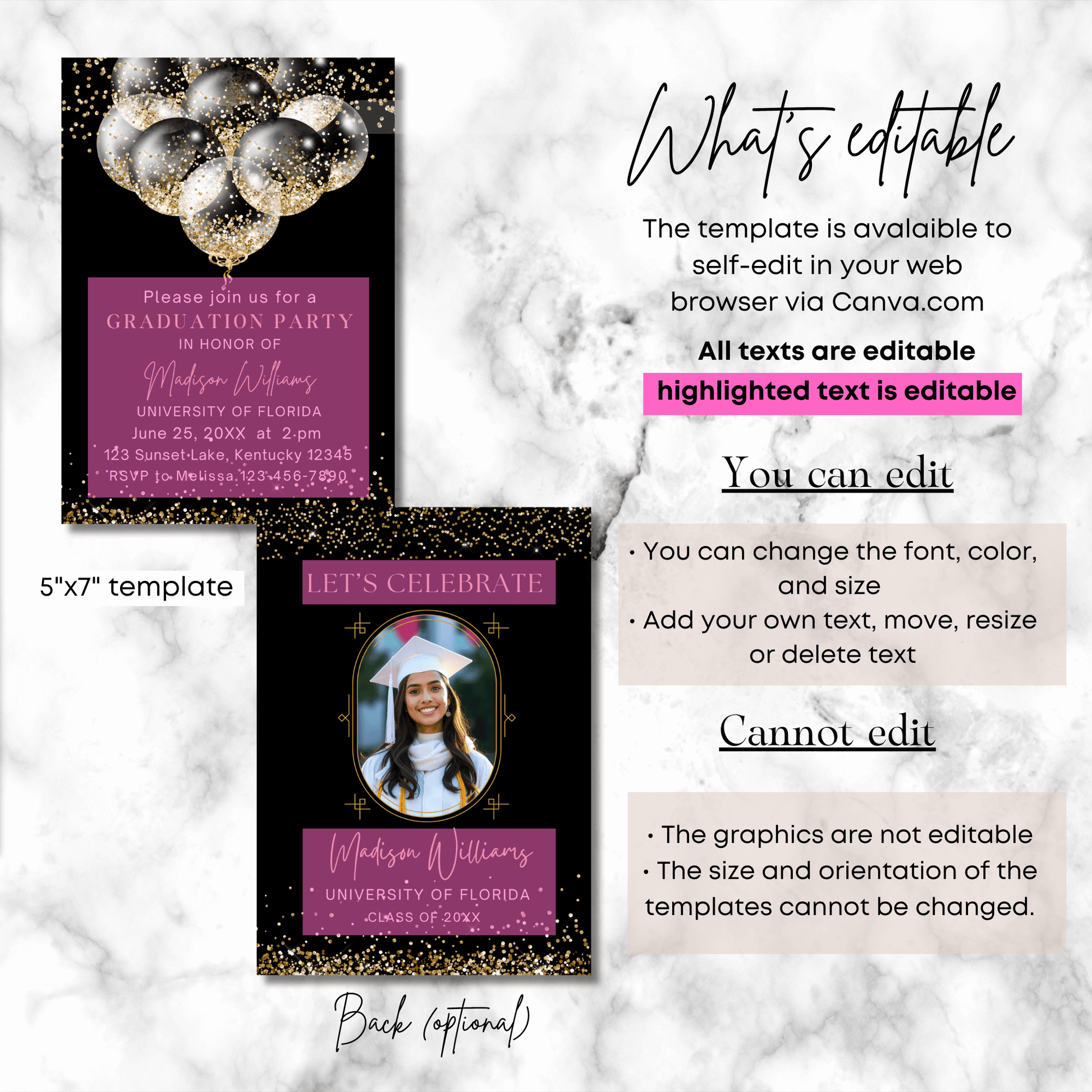 Editable Black and Gold Grad Party Invitation with photo