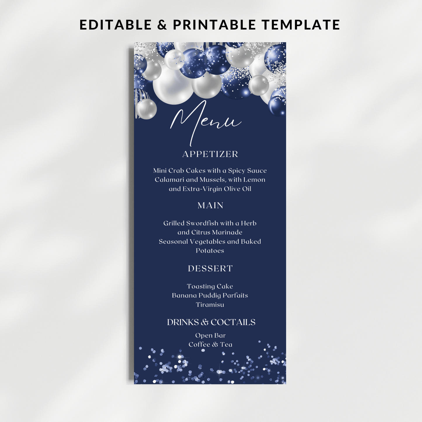 Editable Navy Blue Birthday Menu Card