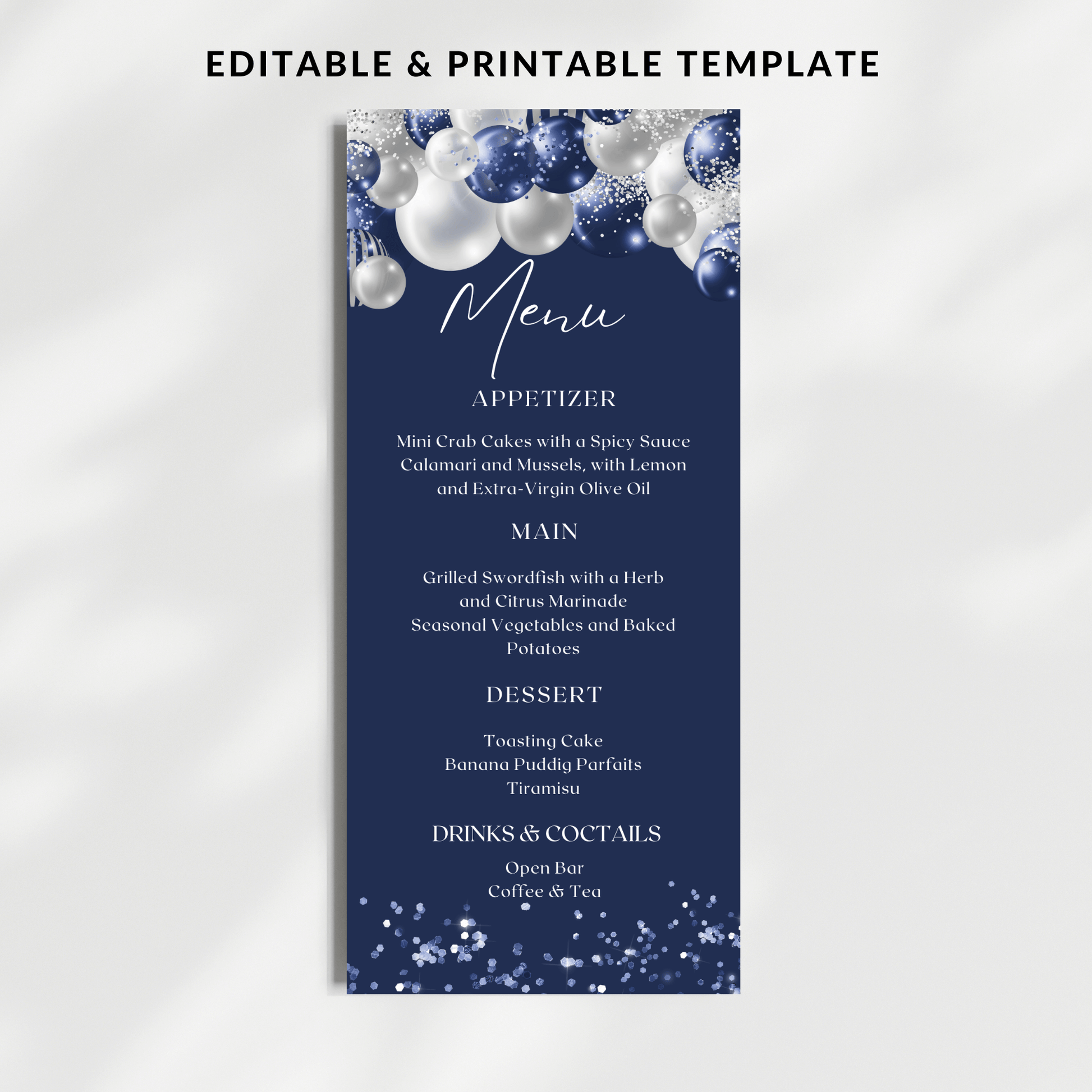Editable Navy Blue Birthday Menu Card