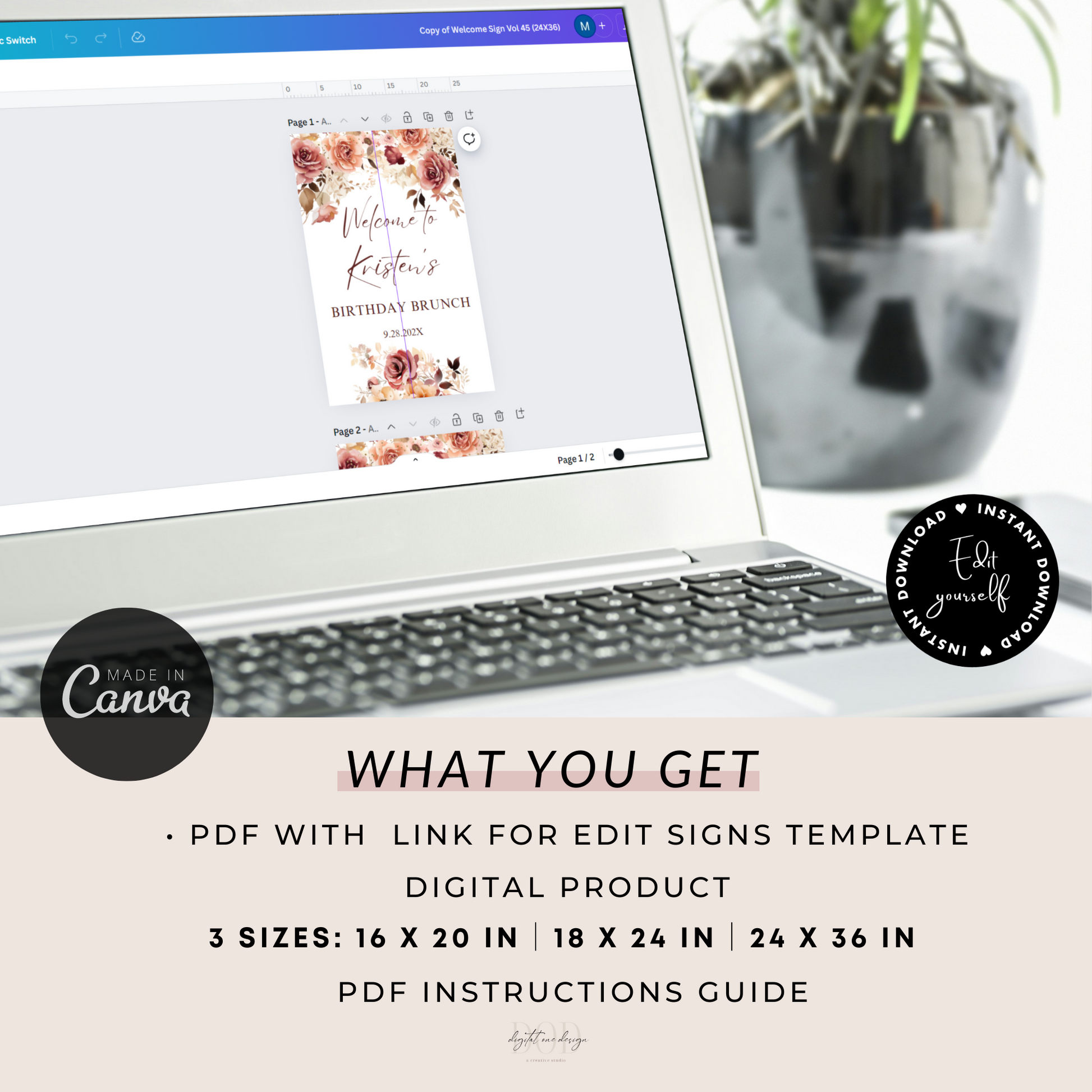 Editable Fall Floral Birthday Welcome Sign template displayed on a computer screen with PDF instructions and sizes.