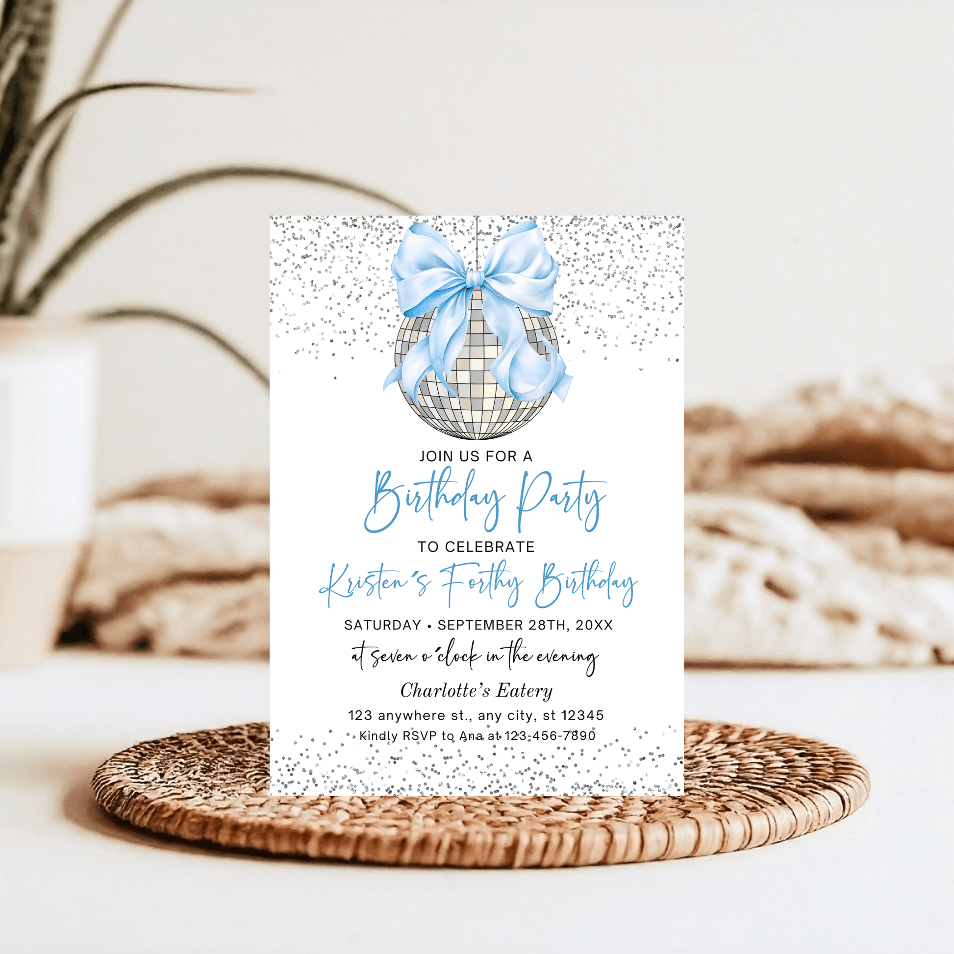 Modern Baby Blue Disco Ball Birthday Invitation 