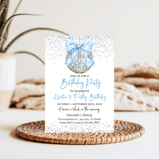 Modern Baby Blue Disco Ball Birthday Invitation 