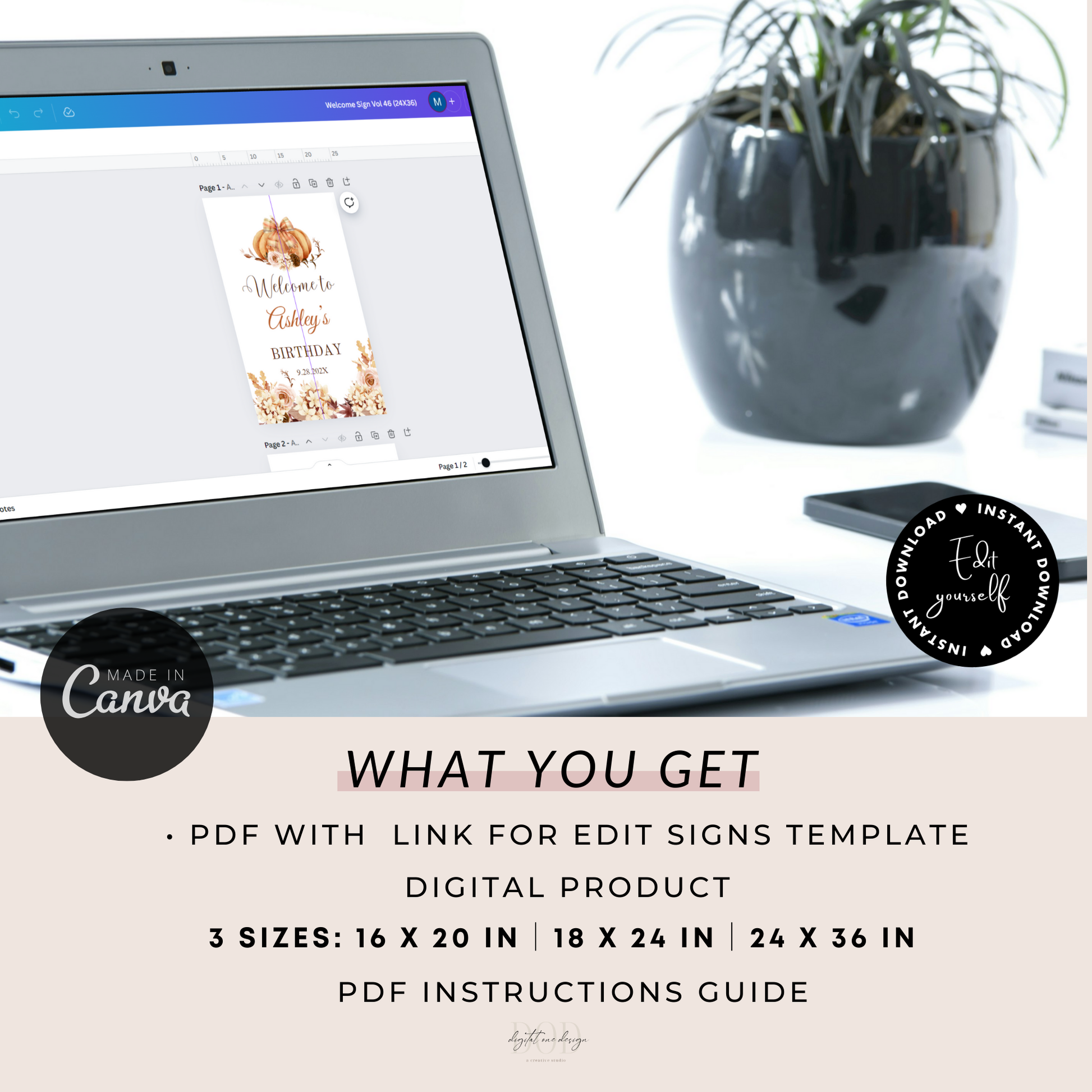 Laptop displaying Canva software with a plant and phone on a desk