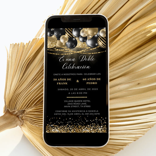 Black Gold Spanish Double Birthday Invitation