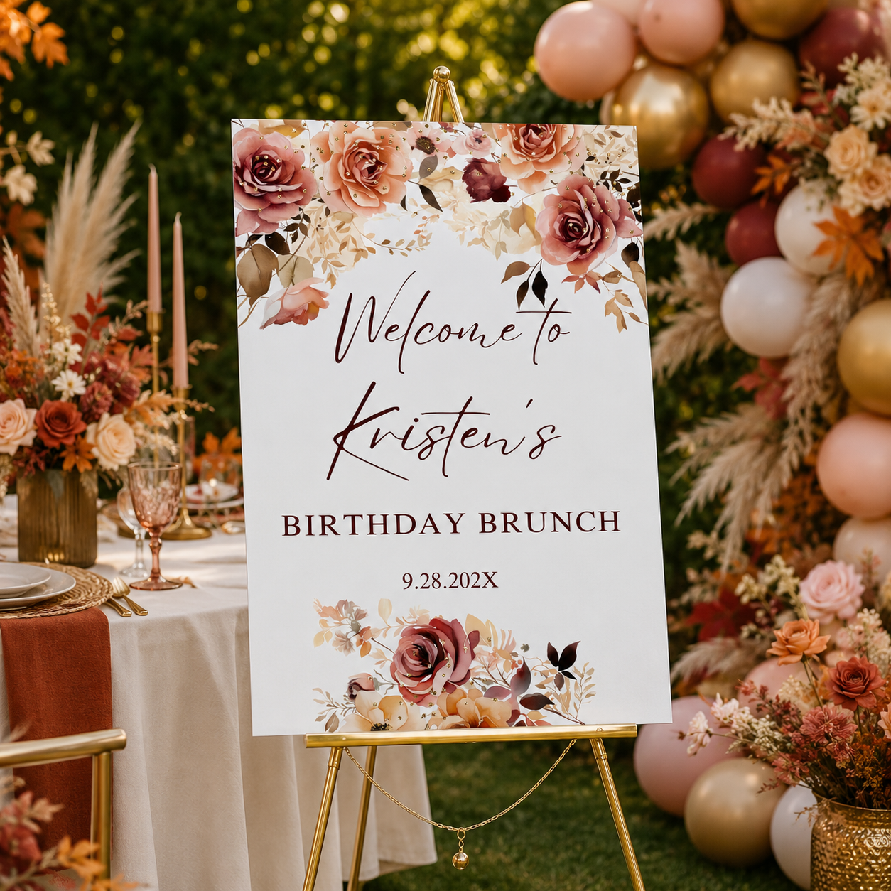 Editable Fall Floral Birthday Welcome Sign with elegant watercolor flowers for a birthday brunch celebration.