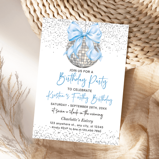 Baby Blue Bow  & Disco Ball Birthday  Party Invitation Template