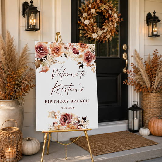 Editable Fall Floral Birthday Welcome Sign displayed at a cozy entrance with autumn decor and a welcoming wreath.