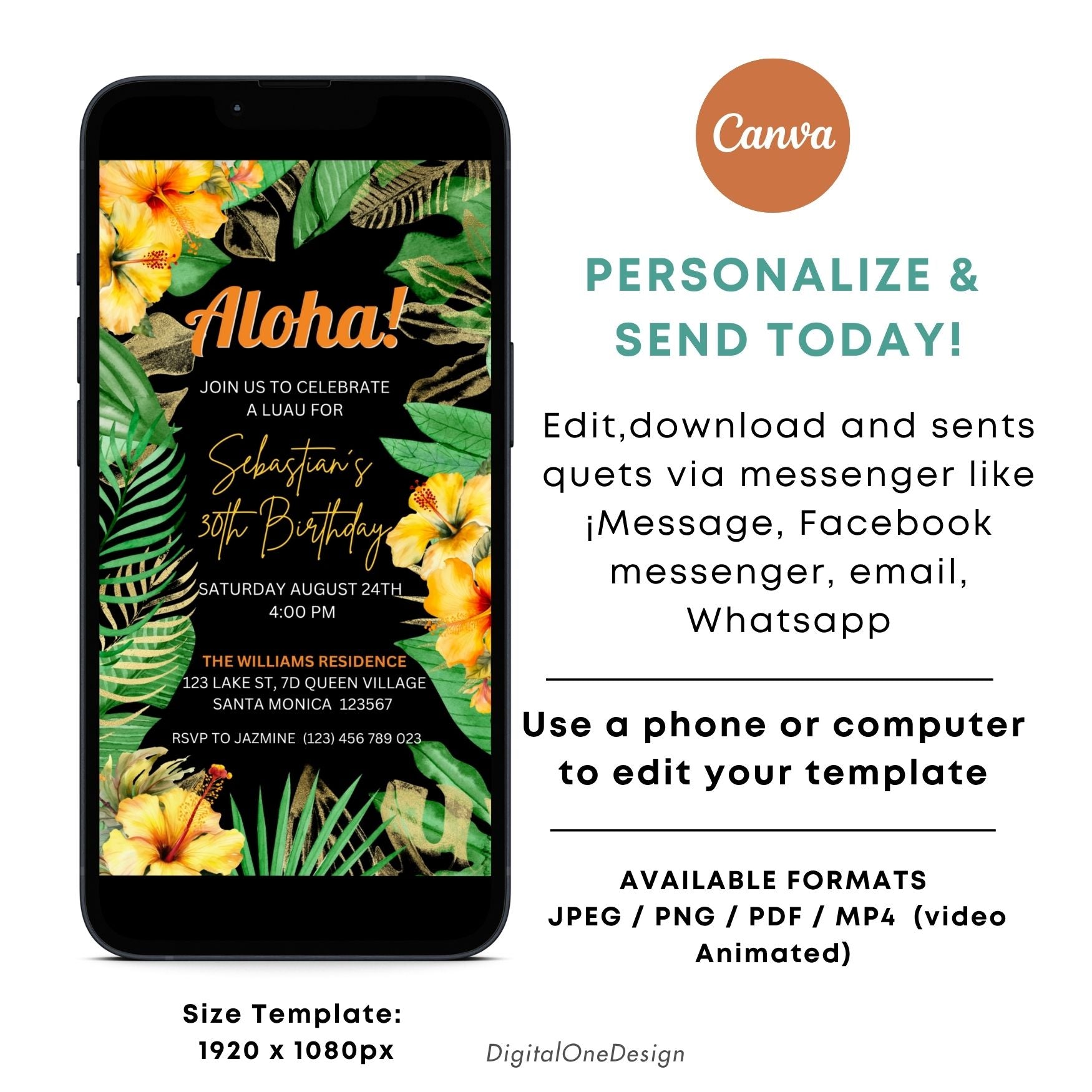 Aloha Birthday Party Invitation featuring palm leaves and yellow hibiscus, ideal for a tropical luau celebration.