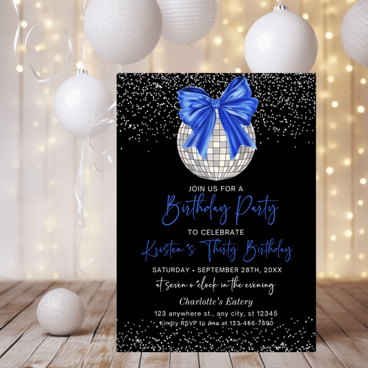 Royal Blue Disco Ball Birthday Party Invitation Template