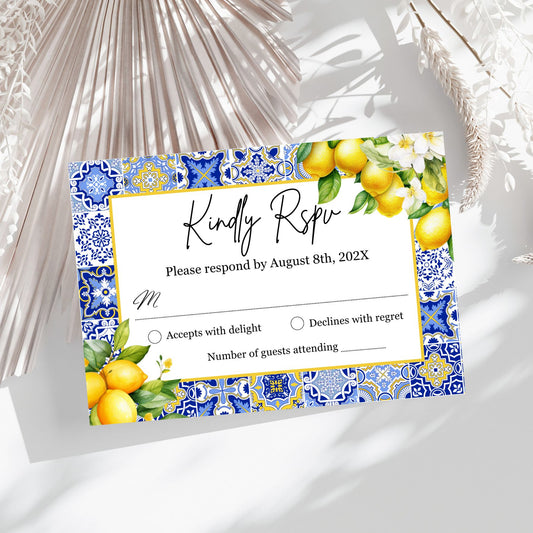 Amalfi Coast Response card with lemon design and blue pattern on a white background