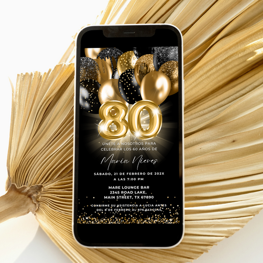 Phone displaying a birthday invitation with gold balloons on a decorative background, 80th Birthday Invitation template