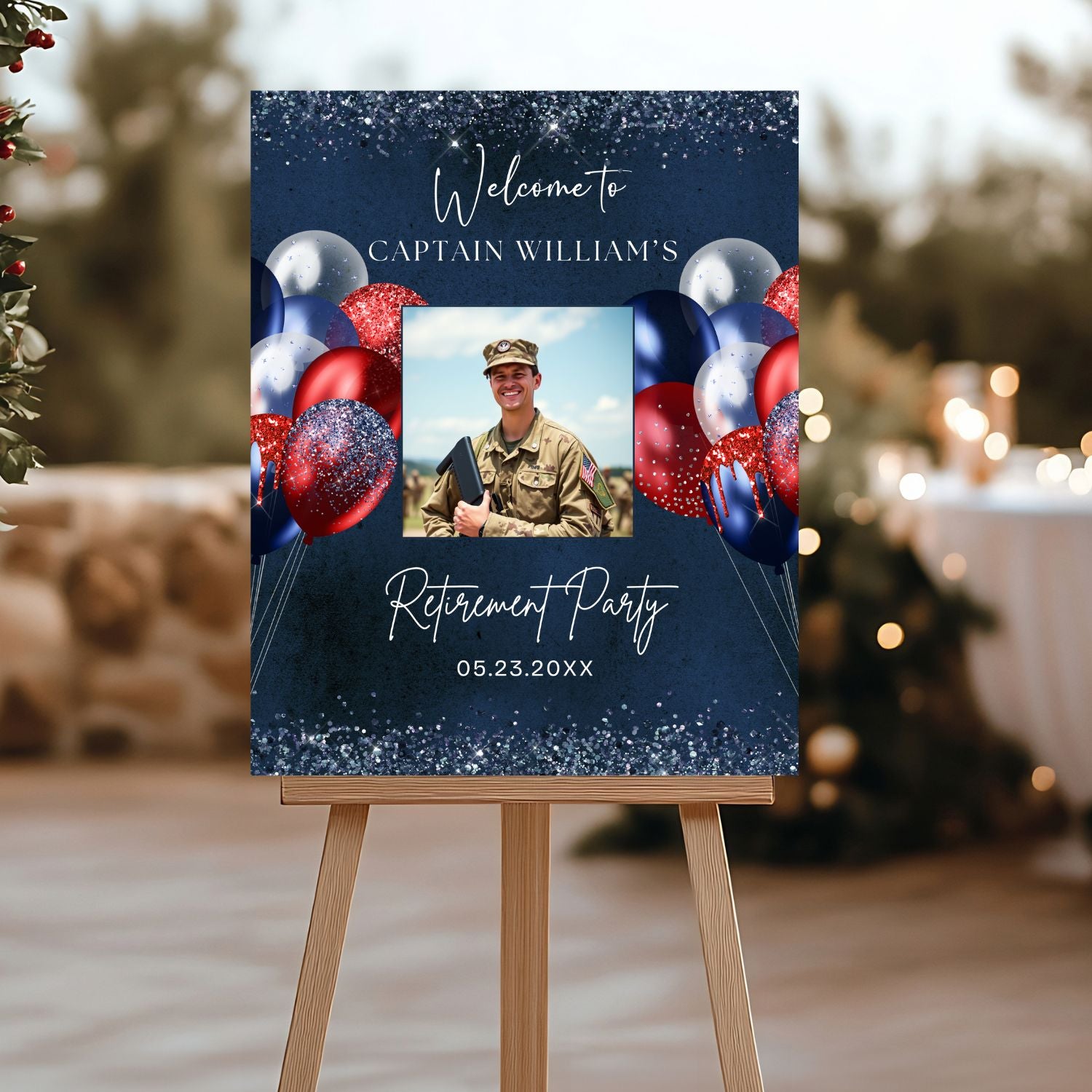 Editable Navy Red Retirement Party Welcome Sign Template