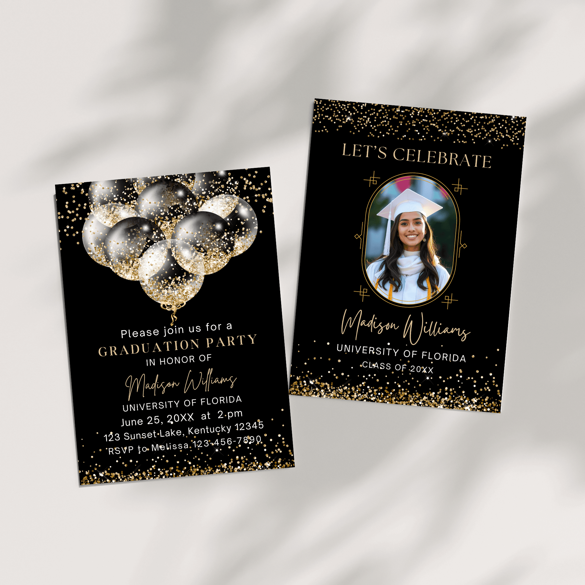 Black and Gold Balloons Graduation Party Invitation with photo