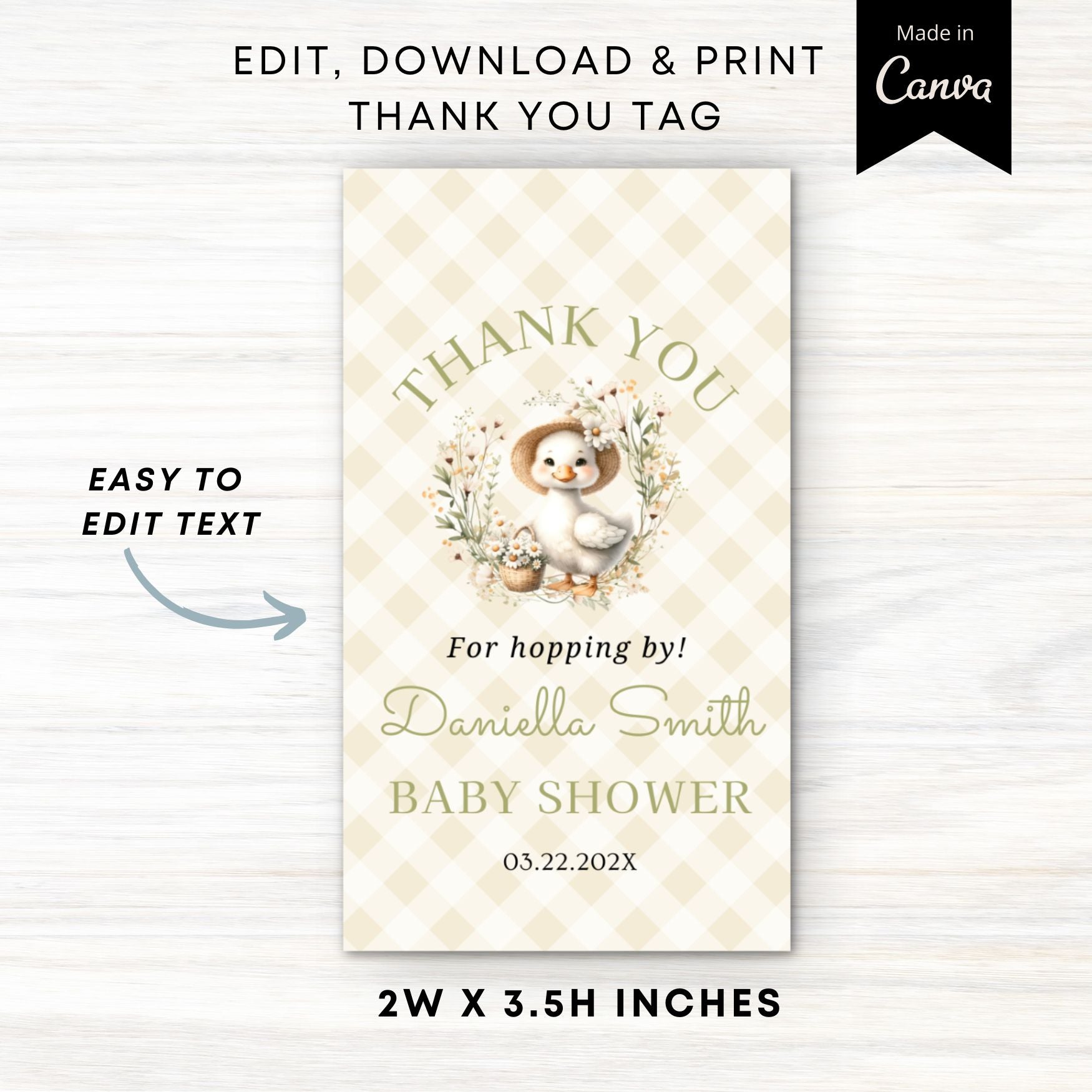 Baby shower thank you tag with a little goose design on a white background