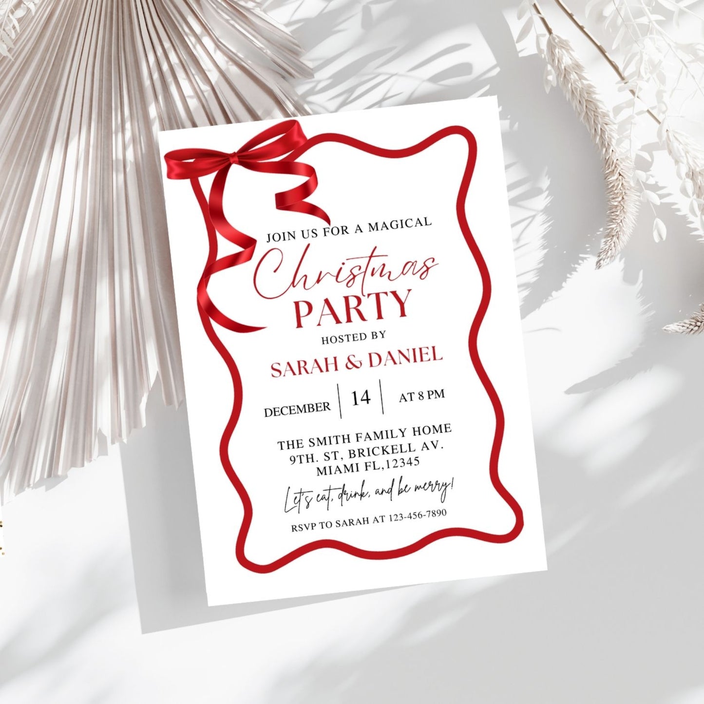 Red Wave Christmas party invitation with red ribbon on a white background