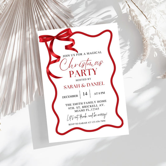 Red Wave Christmas party invitation with red ribbon on a white background