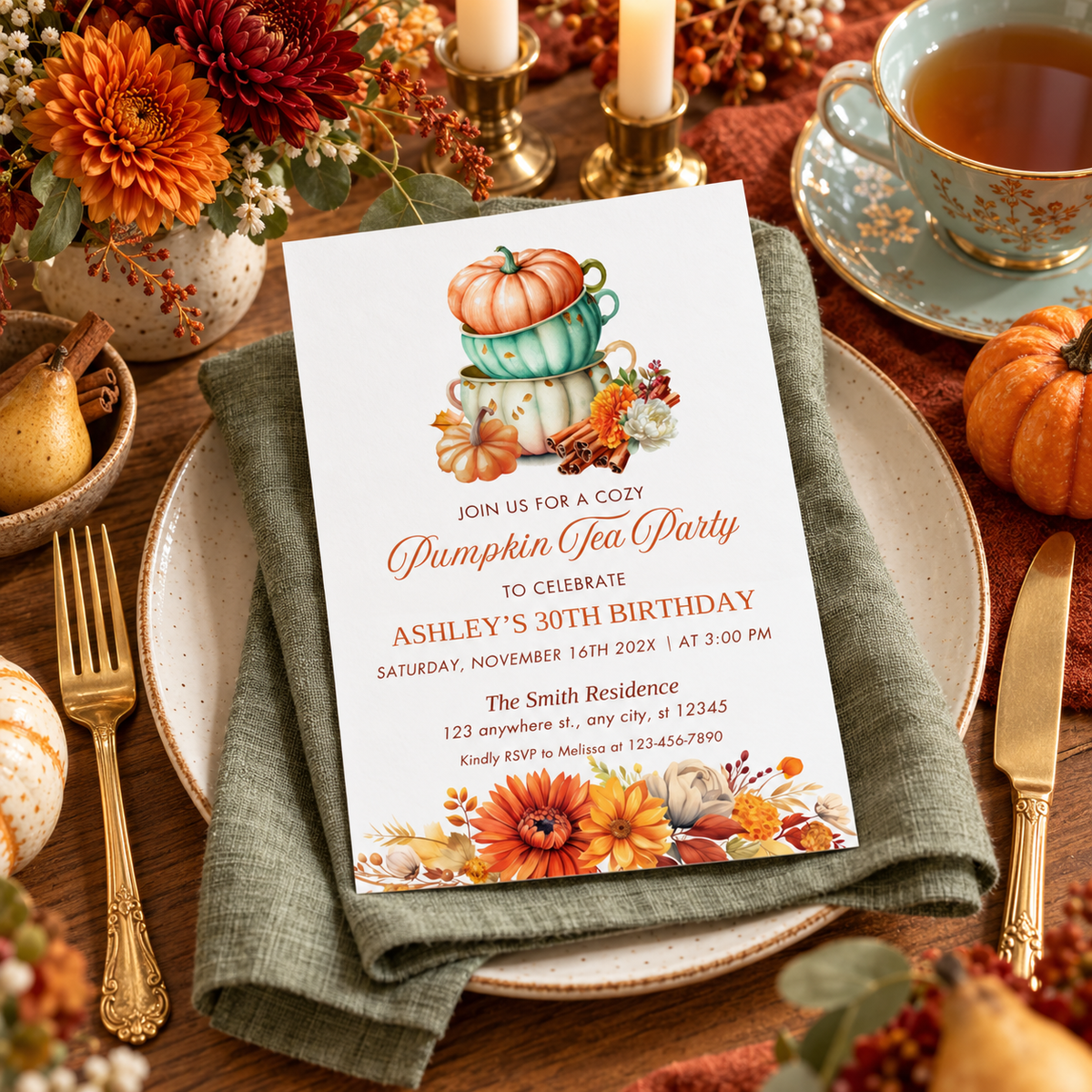 Autumn Pumpkin Tea Party Birthday Invite Floral Tea Cups on a festive table with flowers and pumpkins.