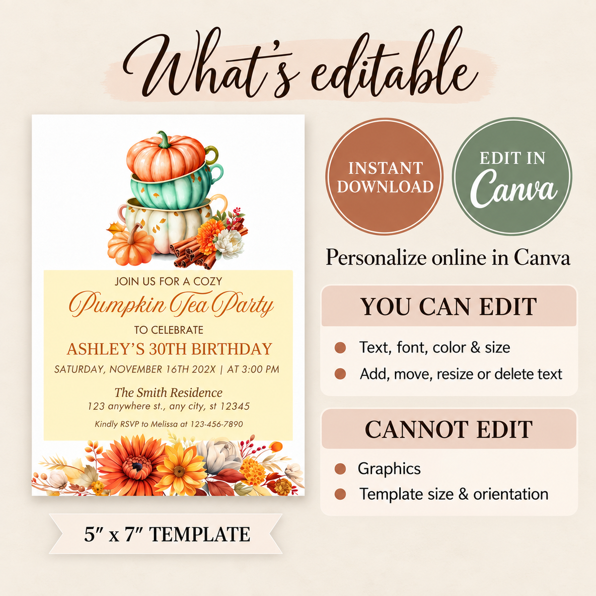 Autumn Pumpkin Tea Party Birthday Invite Floral Tea Cups customizable design invitation with pumpkins and floral elements.