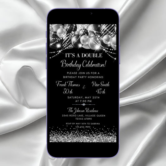 Double Birthday Celebration Invite Silver Glitter Balloons