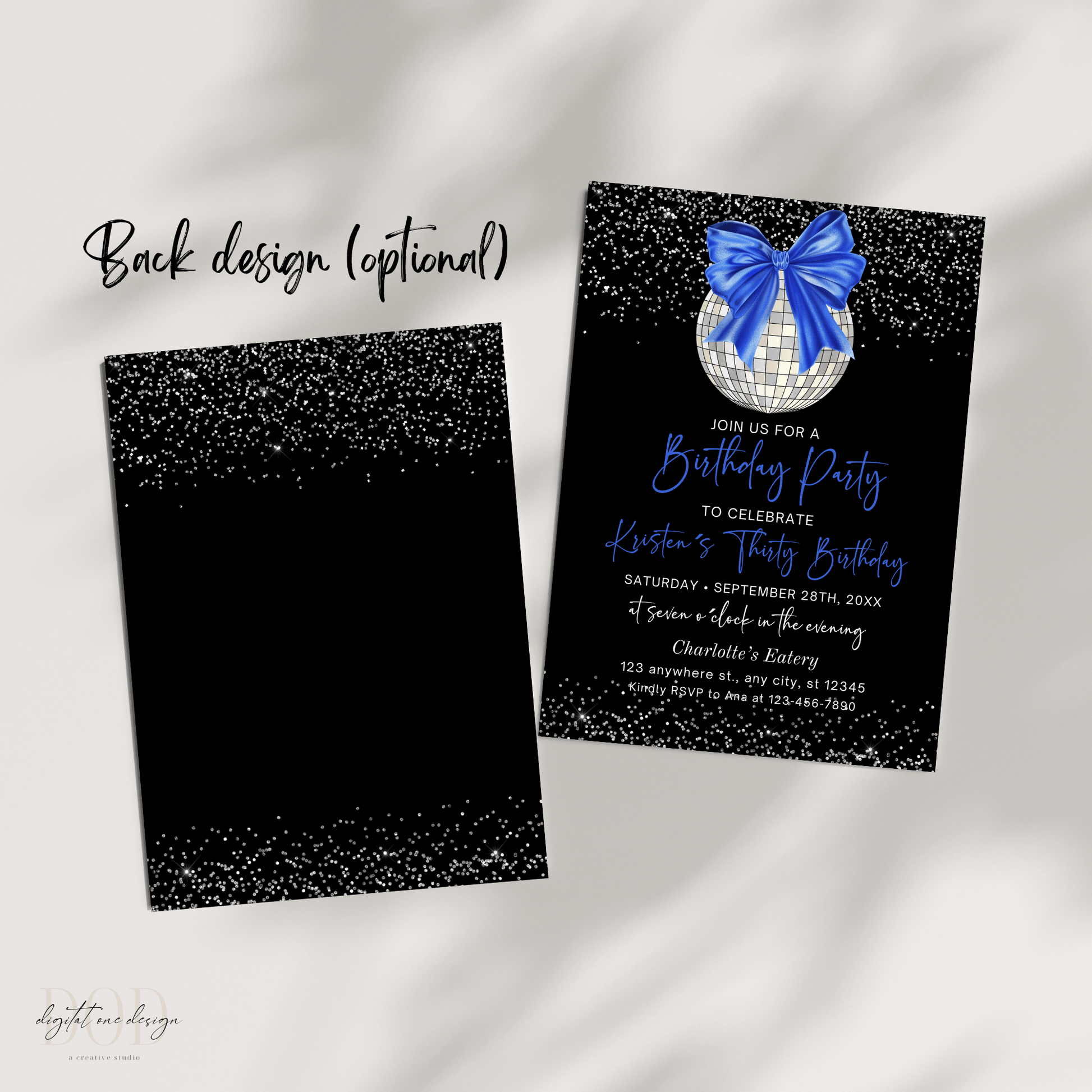 Royal Blue and Black Disco Ball Birthday Invitation