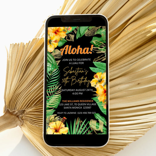 Aloha Birthday Party Invitation on mobile, featuring palm leaves and yellow hibiscus for a tropical Luau celebration.