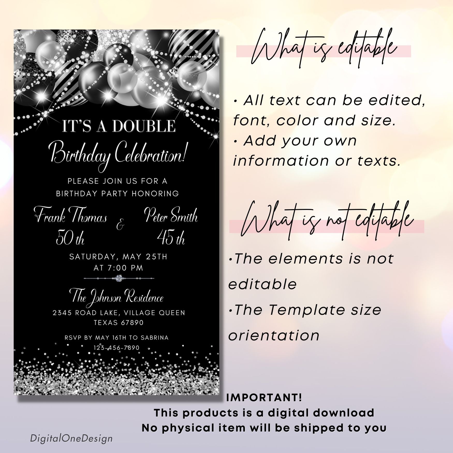 Double Birthday Celebration Invite Silver Glitter Balloons