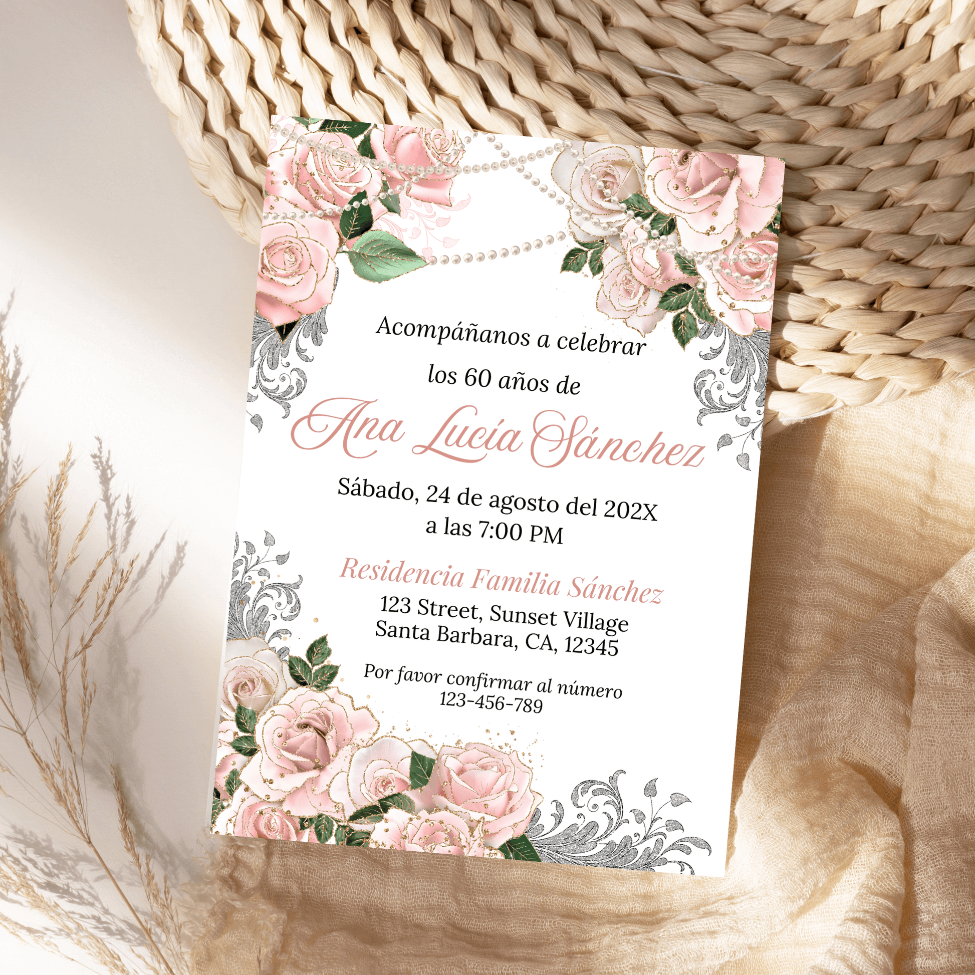 Spanish Pink Floral and Pearls Birthday Invitation template