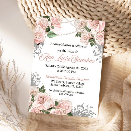 Spanish Pink Floral and Pearls Birthday Invitation template