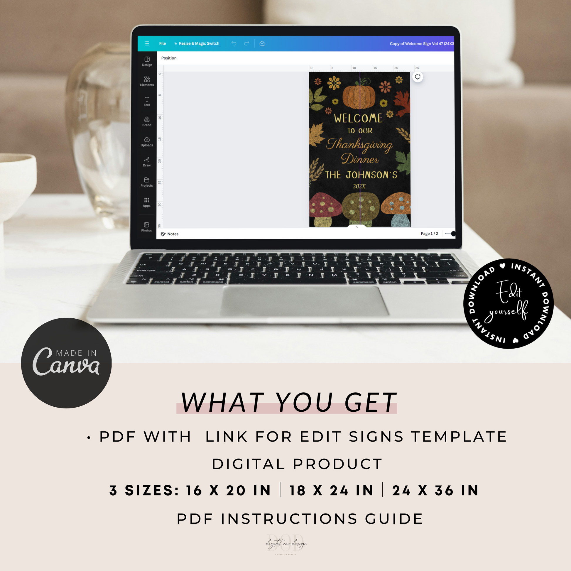 Laptop displaying a design software with a Thanksgiving-themed sign on a blurred background