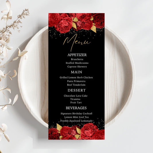 Editable Red Gold Floral Menu Card Template