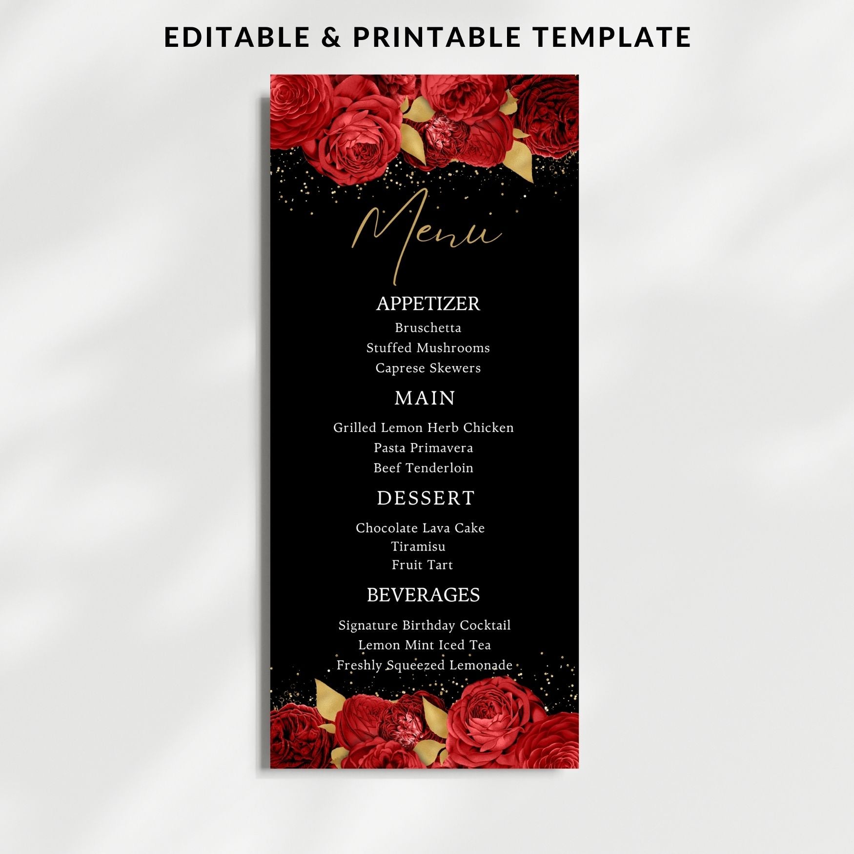Editable Red Gold Floral Menu Card Template