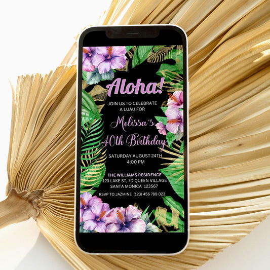 Electronic Aloha Birthday Party Invitation with purple hibiscus and palm leaves for a tropical luau celebration.